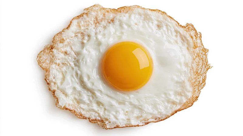 Fried egg with runny yolk and crispy edges viewed from above on white background
