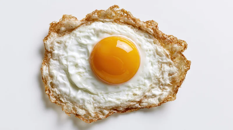 Single fried egg with runny yolk and crispy edges viewed from directly above on white background