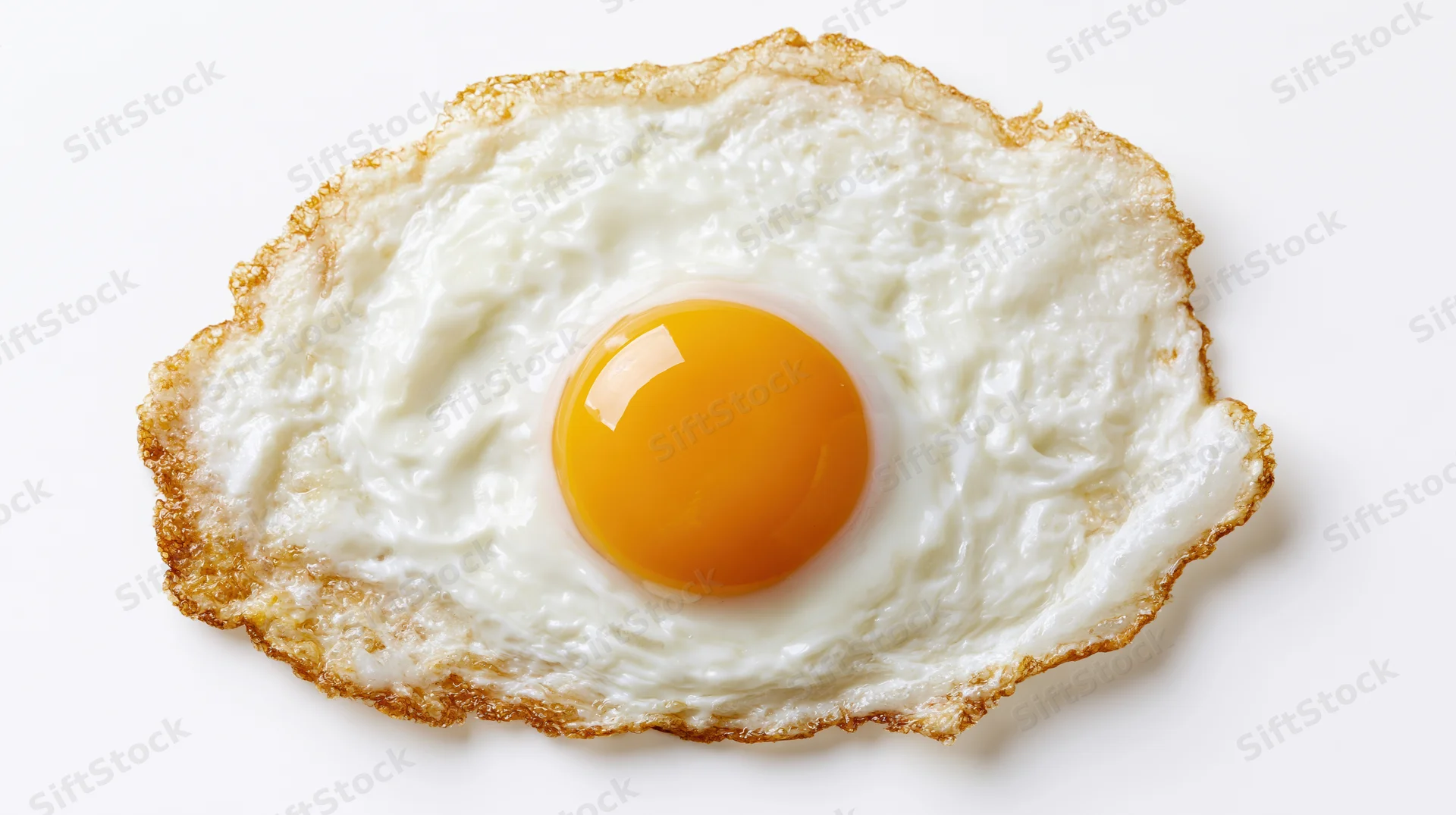 Single fried egg viewed from directly above on a white surface