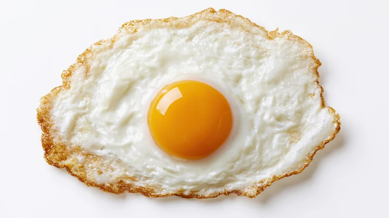 Single fried egg viewed from directly above on a white surface
