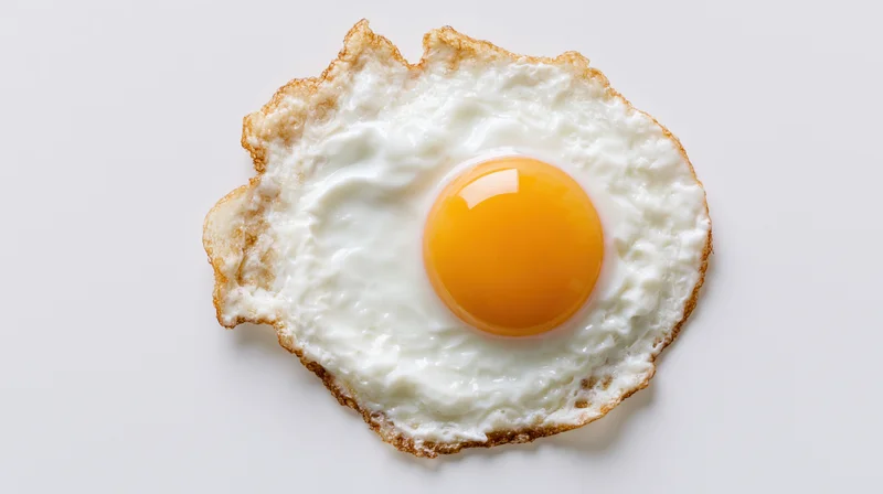 Single fried egg with runny yolk and crispy edges viewed from directly above on white background