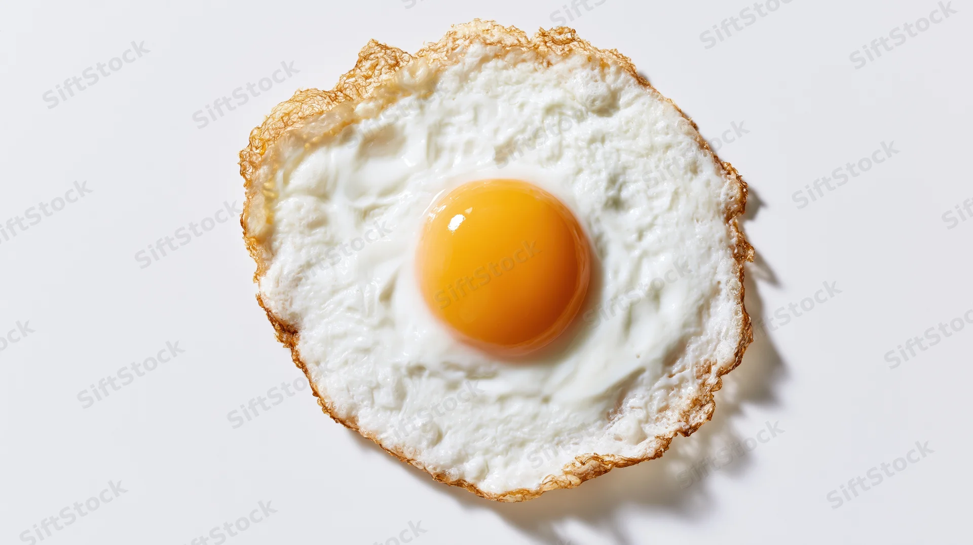 Single fried egg viewed from directly above on a white surface