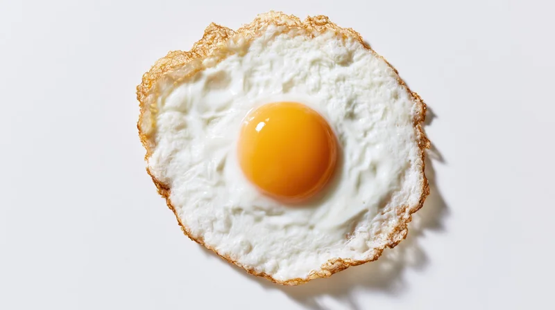 Single fried egg viewed from directly above on a white surface