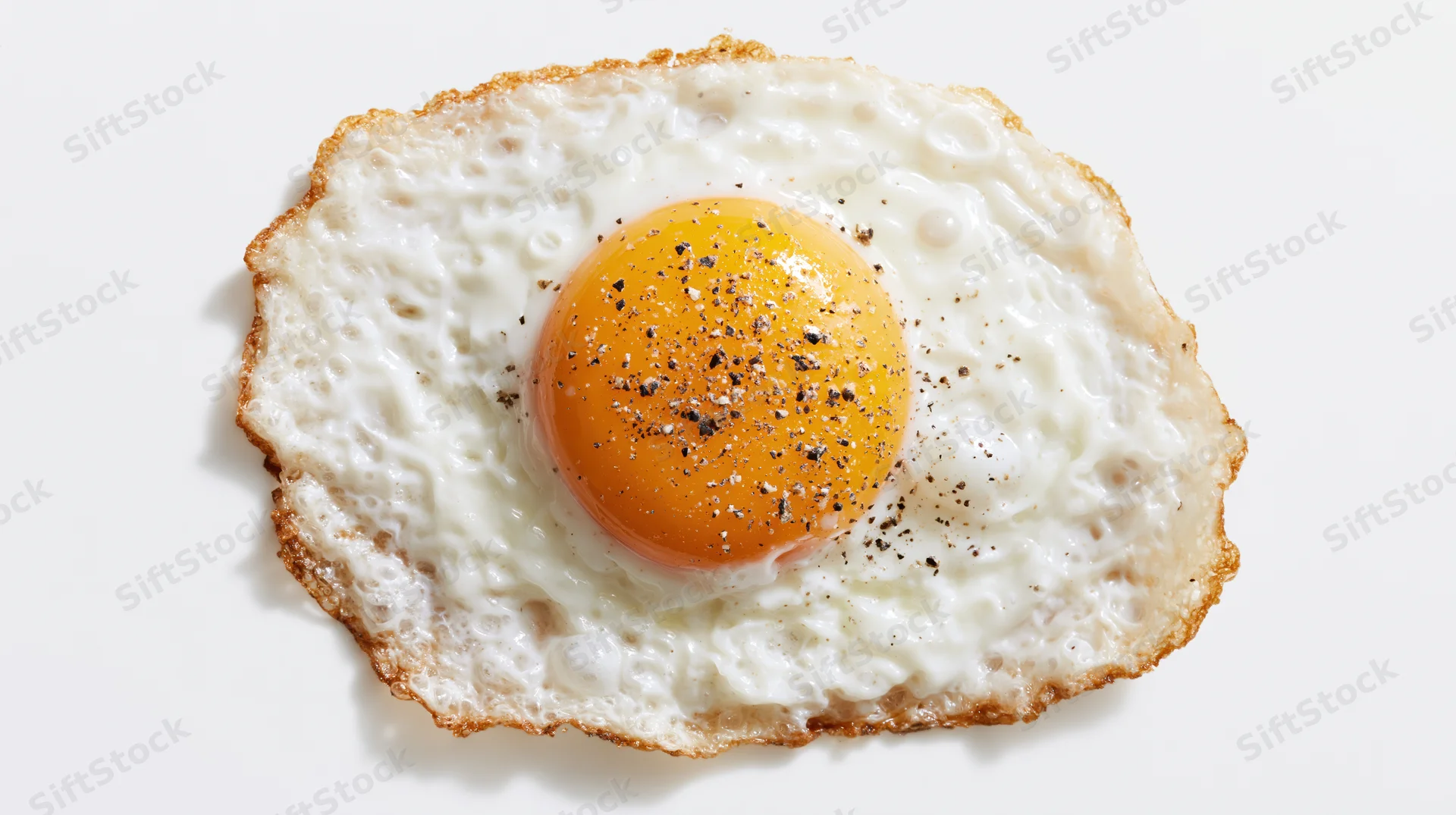 Single fried egg sunny-side up with pepper on white background