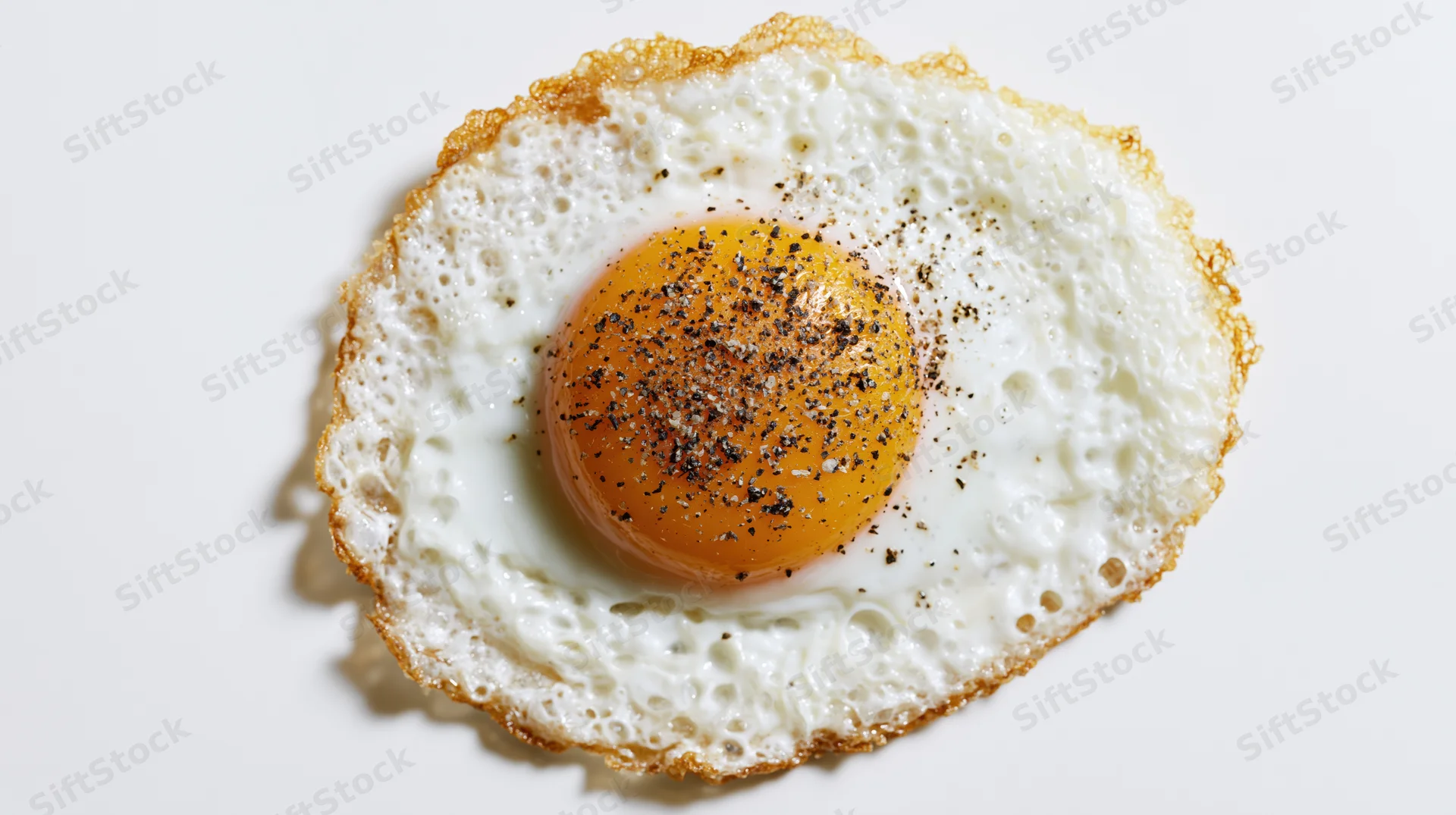 Fried egg sunny-side-up with pepper on white surface overhead view