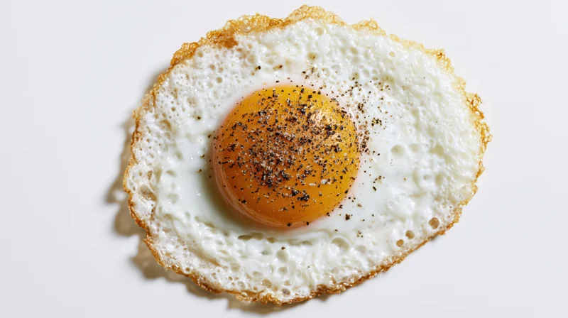 Fried egg sunny-side-up with pepper on white surface overhead view
