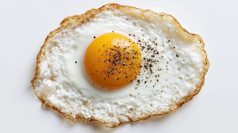 Fried egg sunny-side-up with pepper on white background