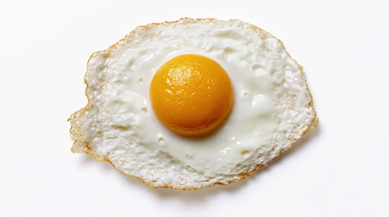 Single fried egg sunny side up on white background
