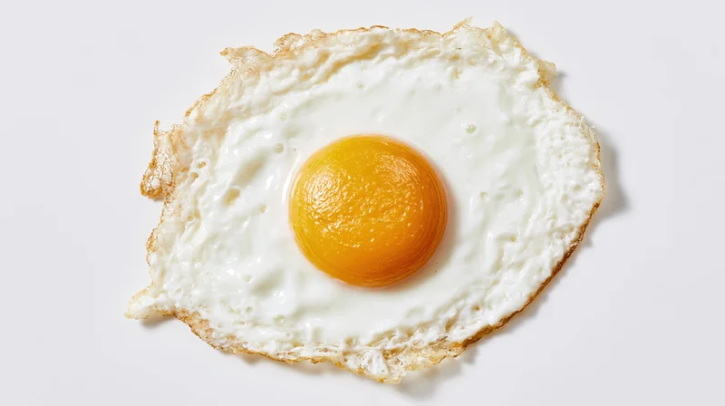 Fried egg sunny side up on white background flat lay top view
