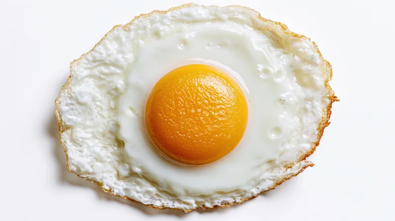 Fried egg sunny side up on white background flat lay top view