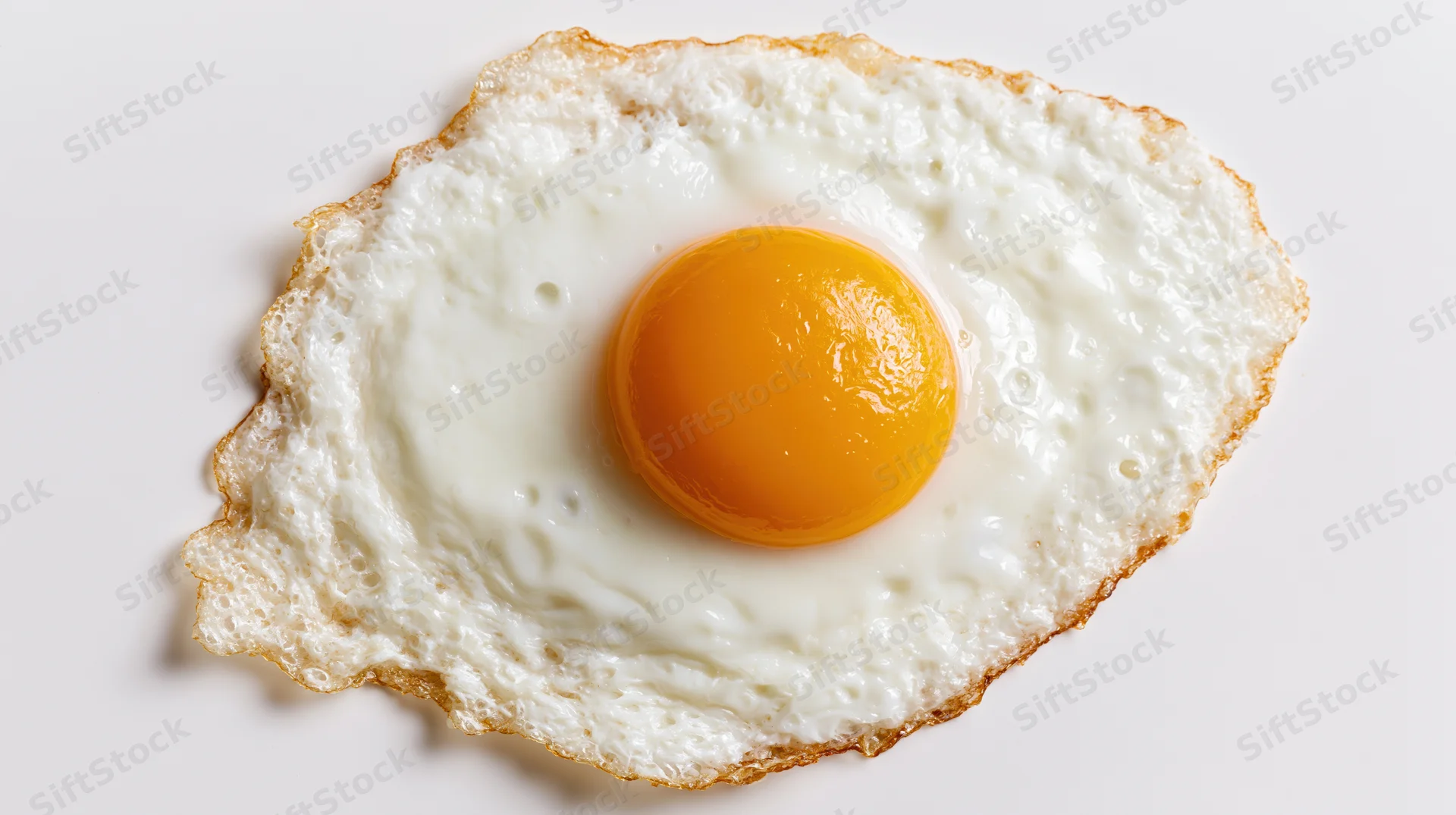 Single fried egg sunny side up on white background flat lay top view