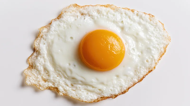 Single fried egg sunny side up on white background flat lay top view