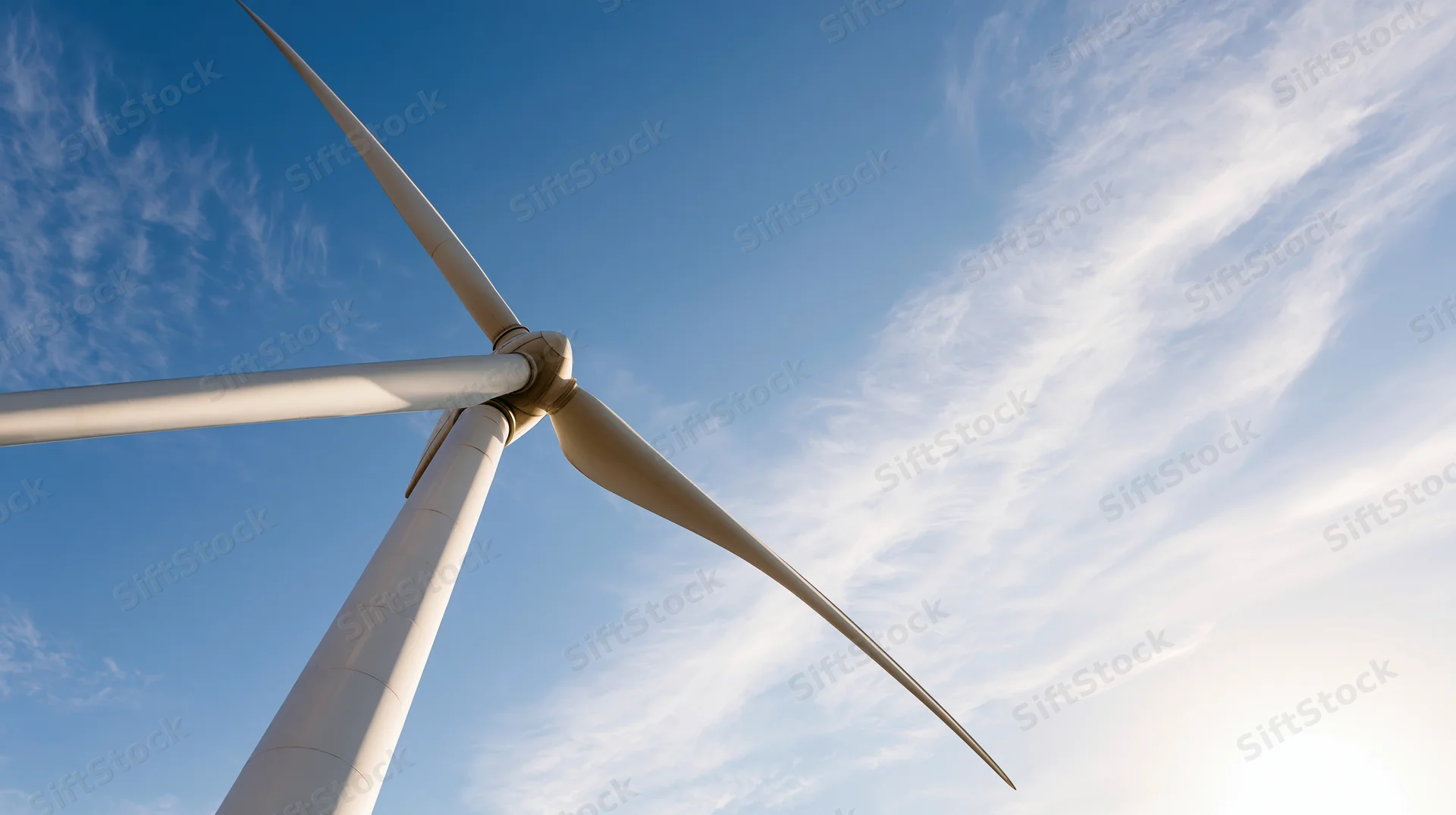 Low-angle view of a large wind turbine against a blue sky with wispy clouds