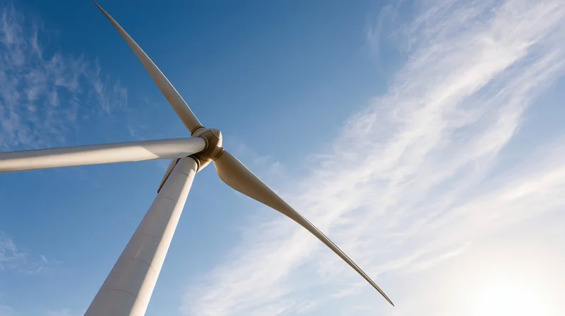 Low-angle view of a large wind turbine against a blue sky with wispy clouds