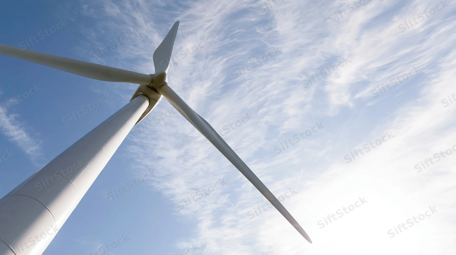 Low-angle view of a large wind turbine against a blue sky with wispy clouds