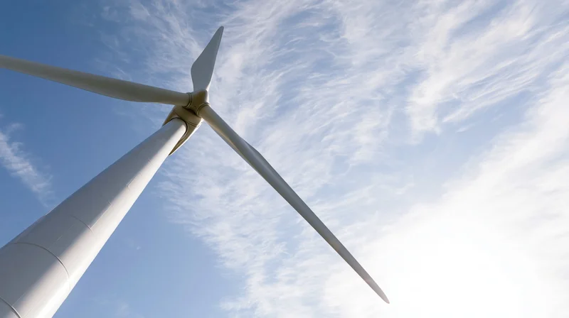 Low-angle view of a large wind turbine against a blue sky with wispy clouds
