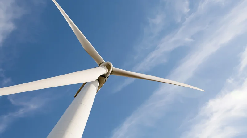 Low-angle view of a large wind turbine against a blue sky with scattered clouds