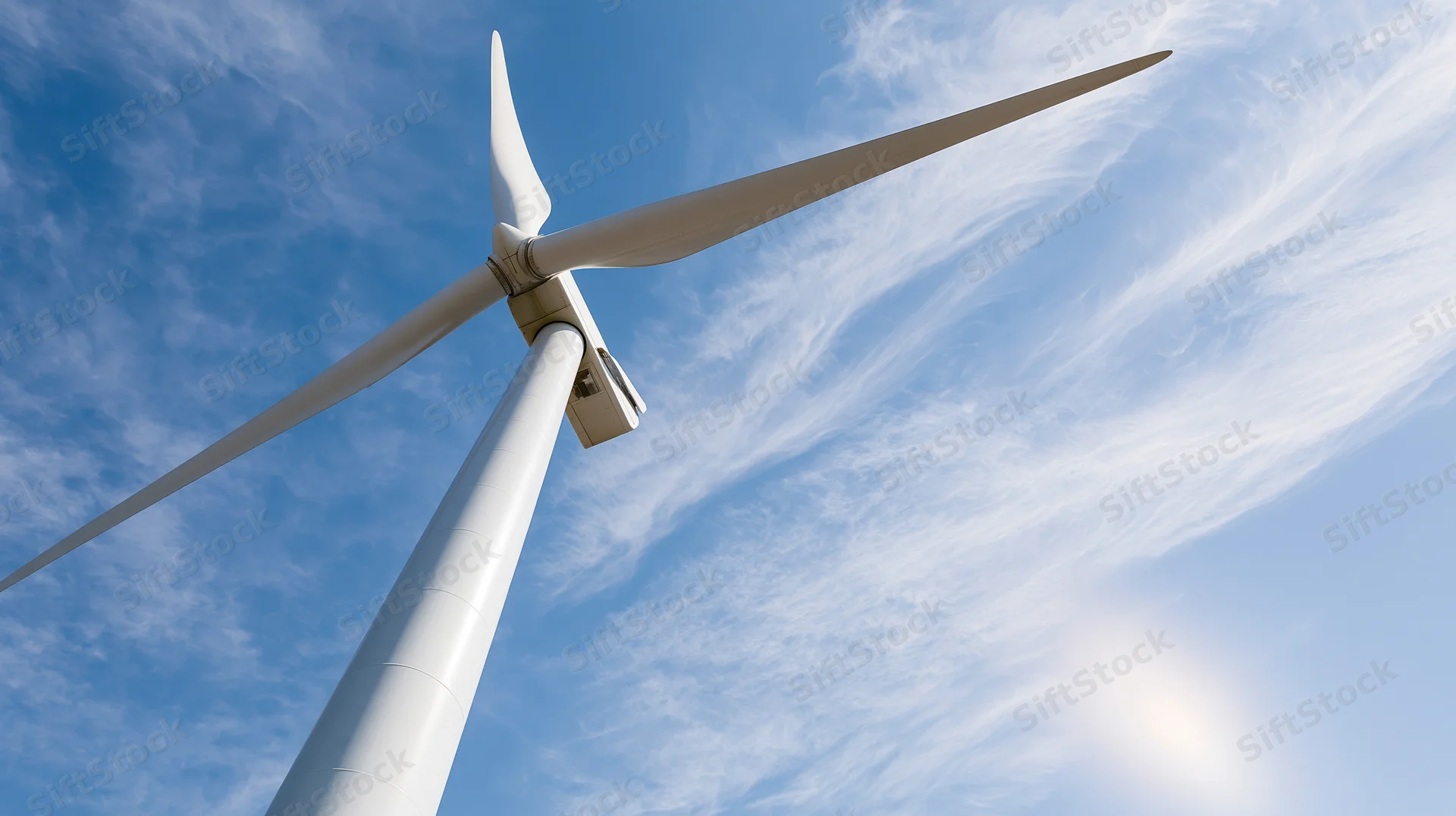 Low-angle view of a large wind turbine against a blue sky with wispy clouds and sun