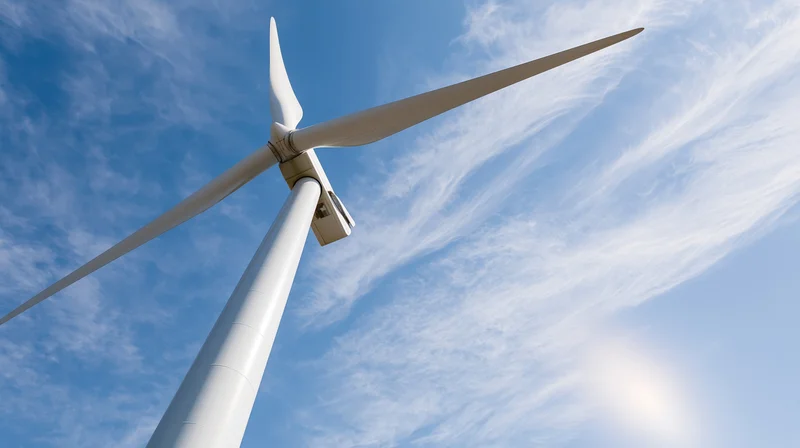 Low-angle view of a large wind turbine against a blue sky with wispy clouds and sun