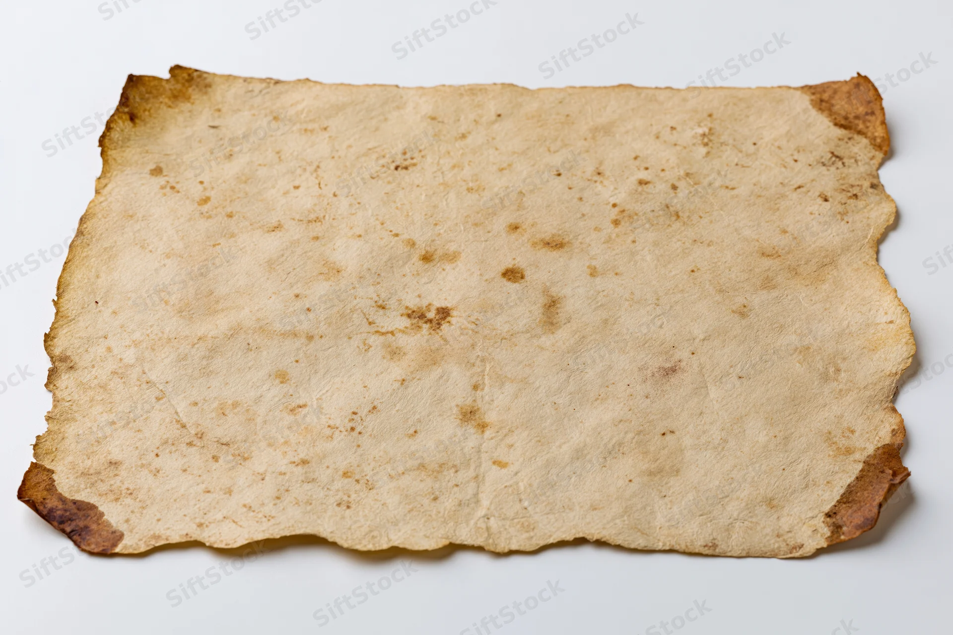 Aged parchment sheet with torn and burnt edges lying flat on white surface
