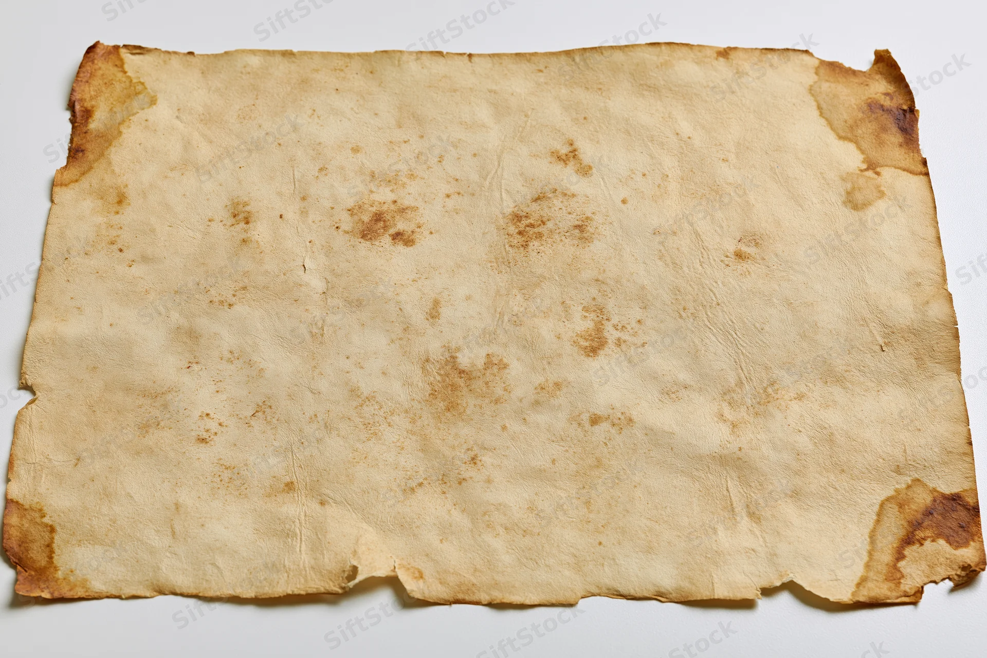 Aged parchment sheet with burnt edges and stains lying flat on white surface