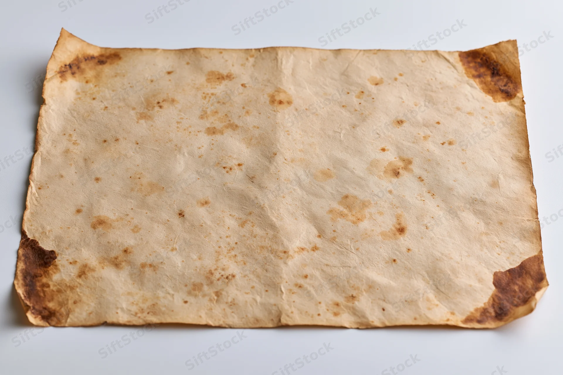 Aged paper sheet with burnt edges and stains lying flat on white surface