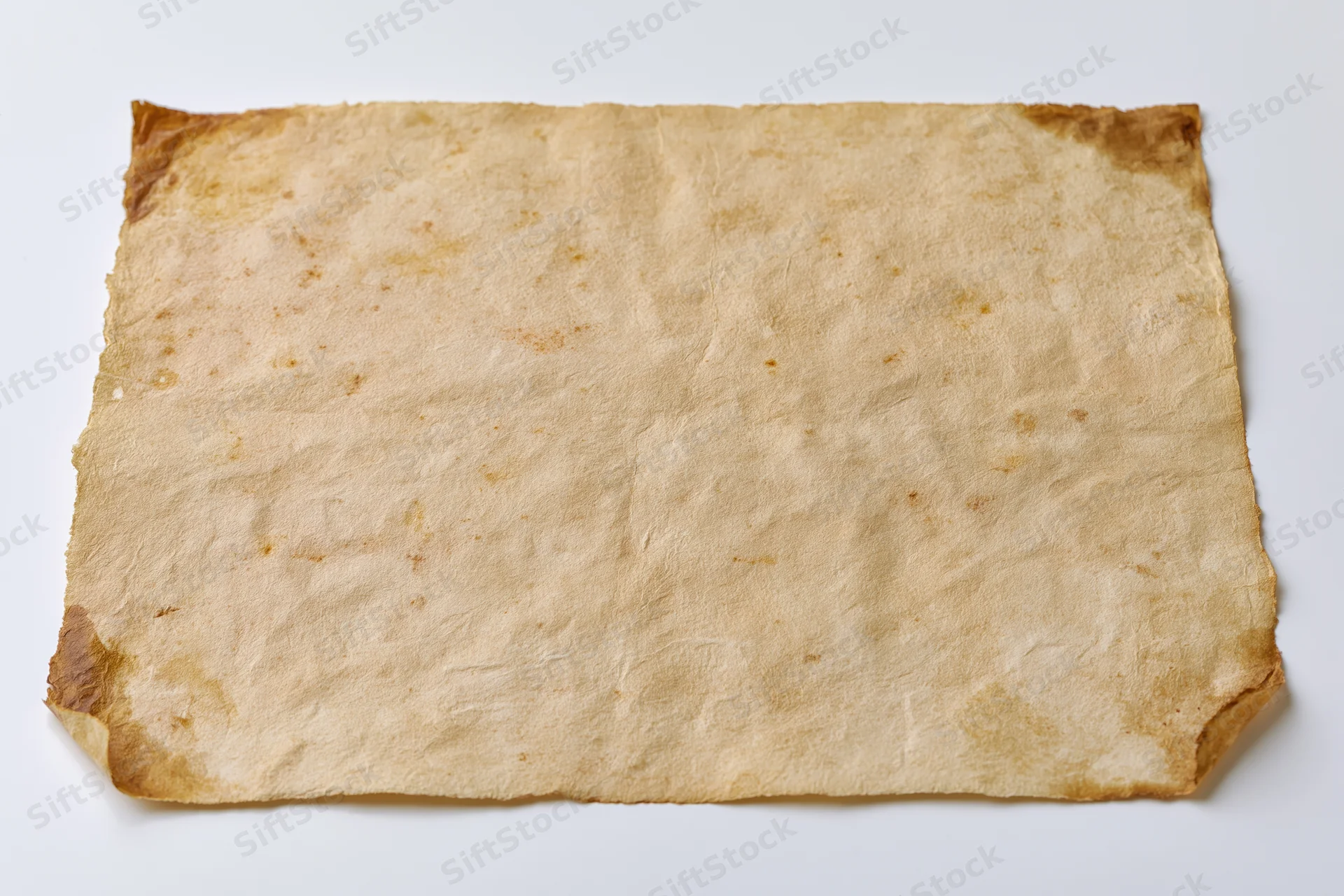 Aged parchment sheet lying flat on white surface with crumpled texture and brown stains