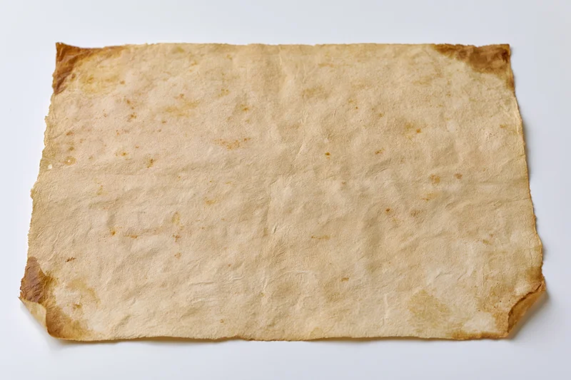 Aged parchment sheet lying flat on white surface with crumpled texture and brown stains