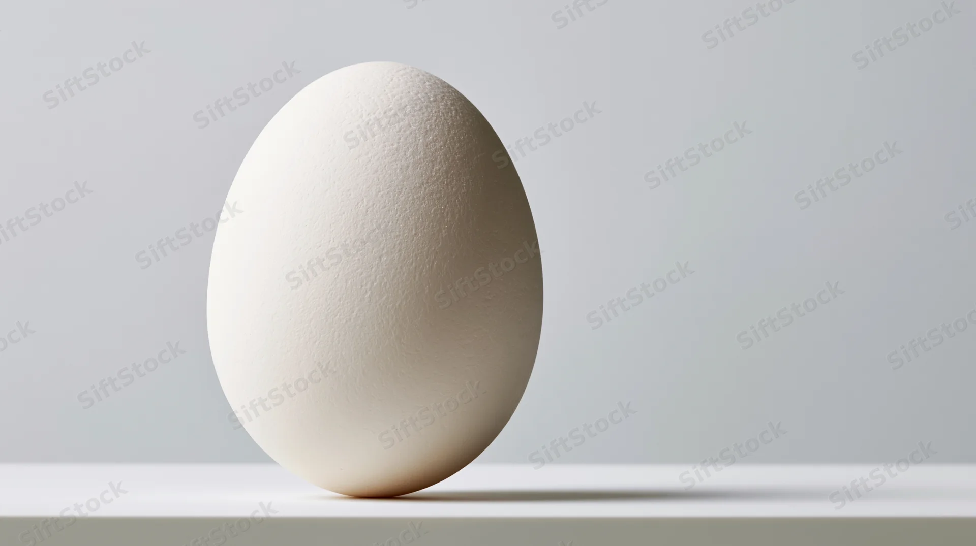 Single white chicken egg standing upright on a flat white surface
