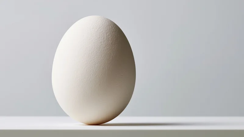 Single white chicken egg standing upright on a flat white surface