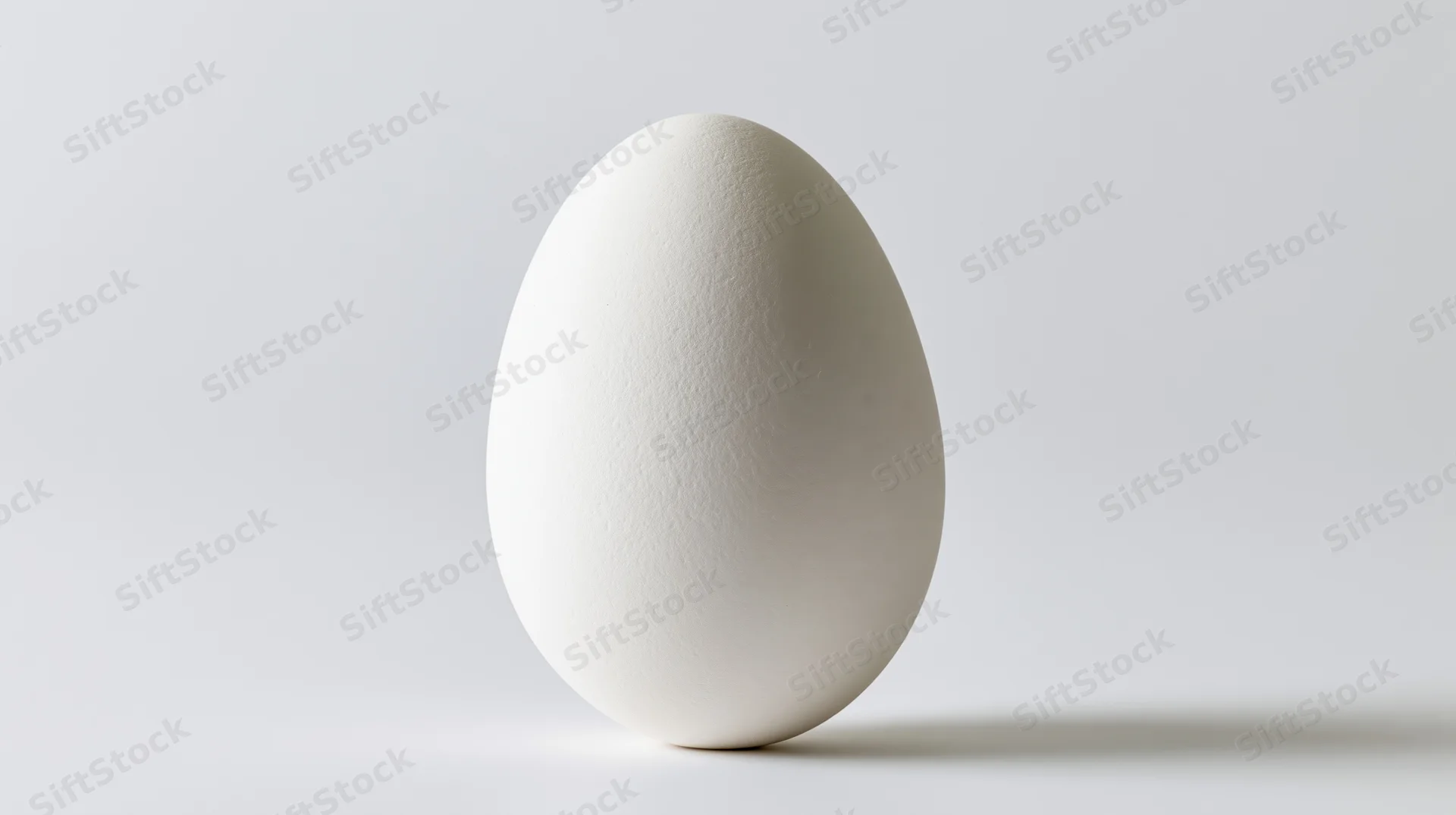Single white chicken egg standing upright on a flat white surface