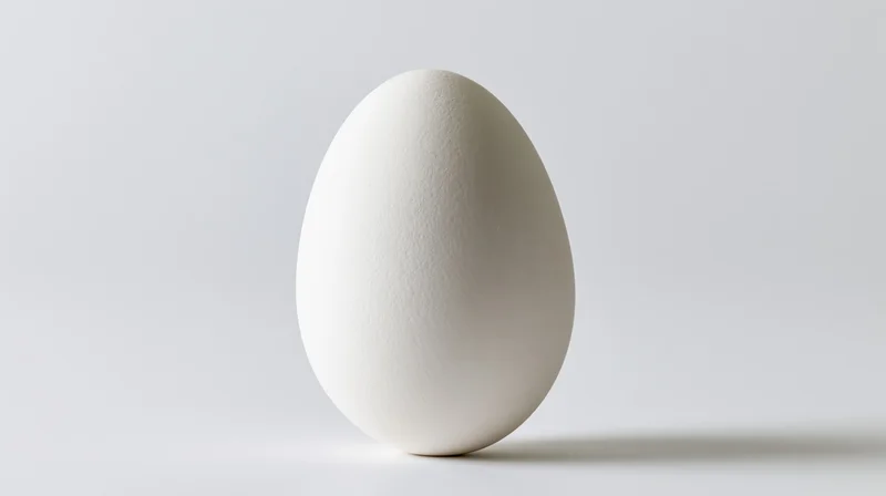Single white chicken egg standing upright on a flat white surface