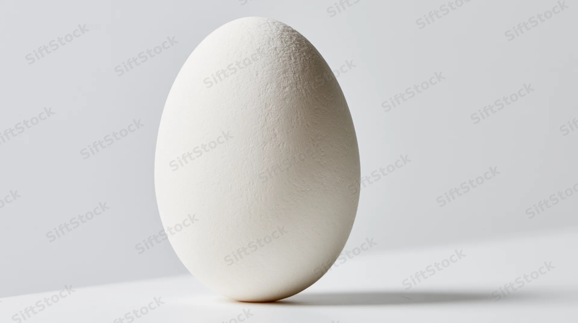 Single white chicken egg standing upright on a flat white surface
