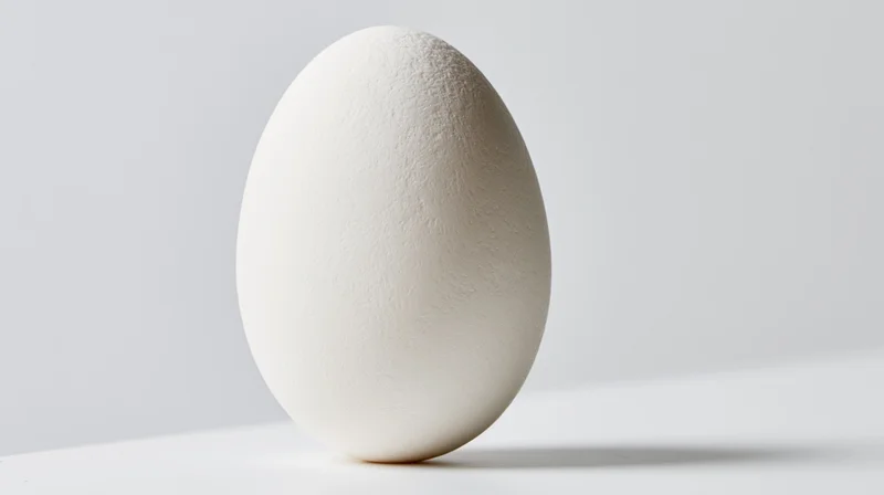 Single white chicken egg standing upright on a flat white surface