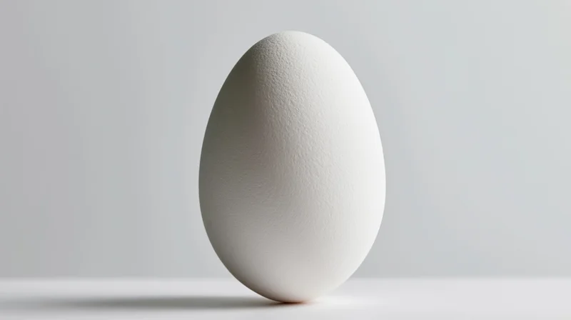 Single white chicken egg standing upright on a flat white surface