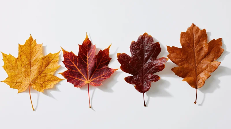 Four maple leaves in autumn colors arranged in a row on a white background
