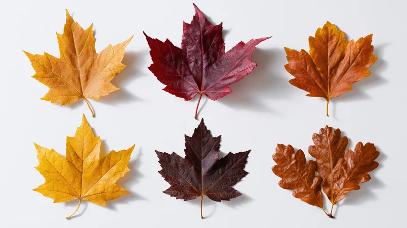 Six autumn leaves arranged in two rows on a white background