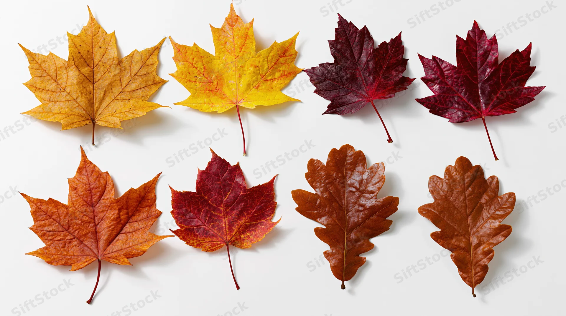 Eight autumn leaves arranged in two rows on a white background