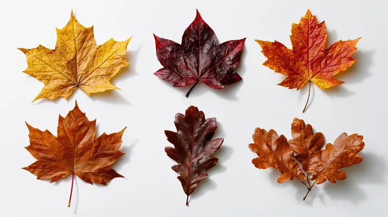 Six autumn leaves arranged in two rows on a plain white background