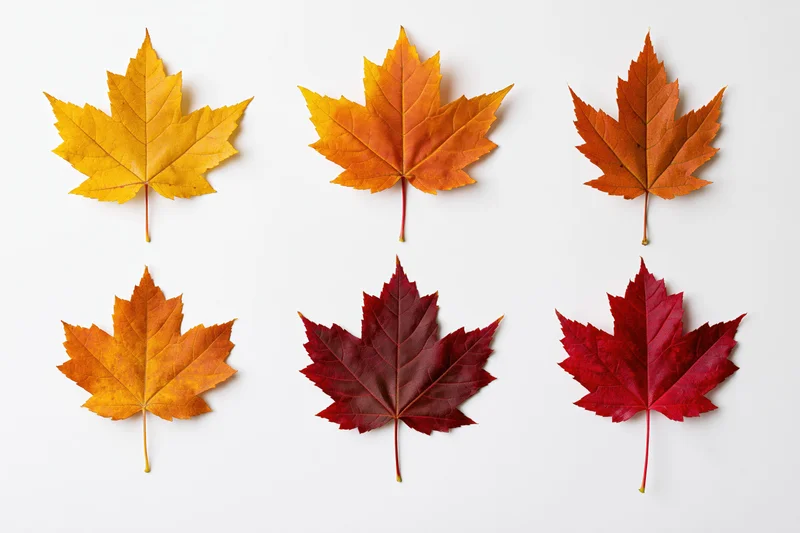 Six maple leaves in autumn colors arranged in two rows on white background