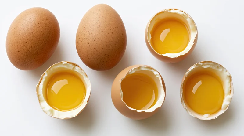 Six brown chicken eggs arranged in a flat lay with some cracked open revealing yolks on a white surface