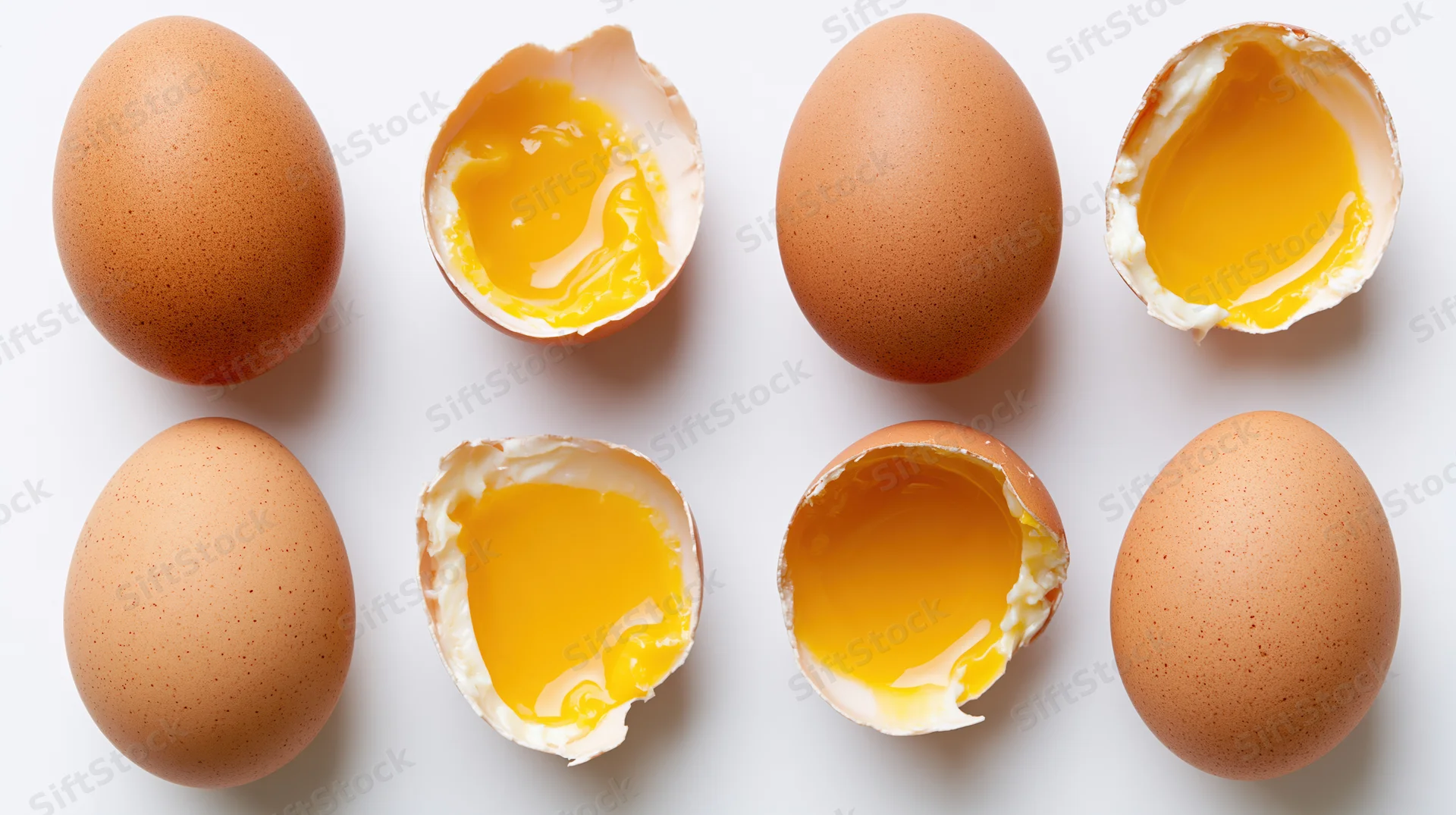 Six brown chicken eggs arranged in a grid, some whole and some cracked open, on a white surface