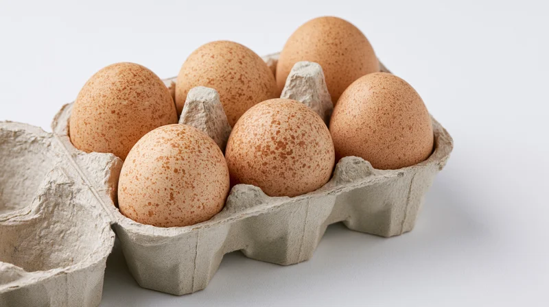 Six brown chicken eggs in an open cardboard carton on a white surface
