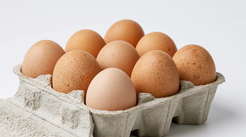 Brown chicken eggs arranged in an open grey cardboard carton on a white background