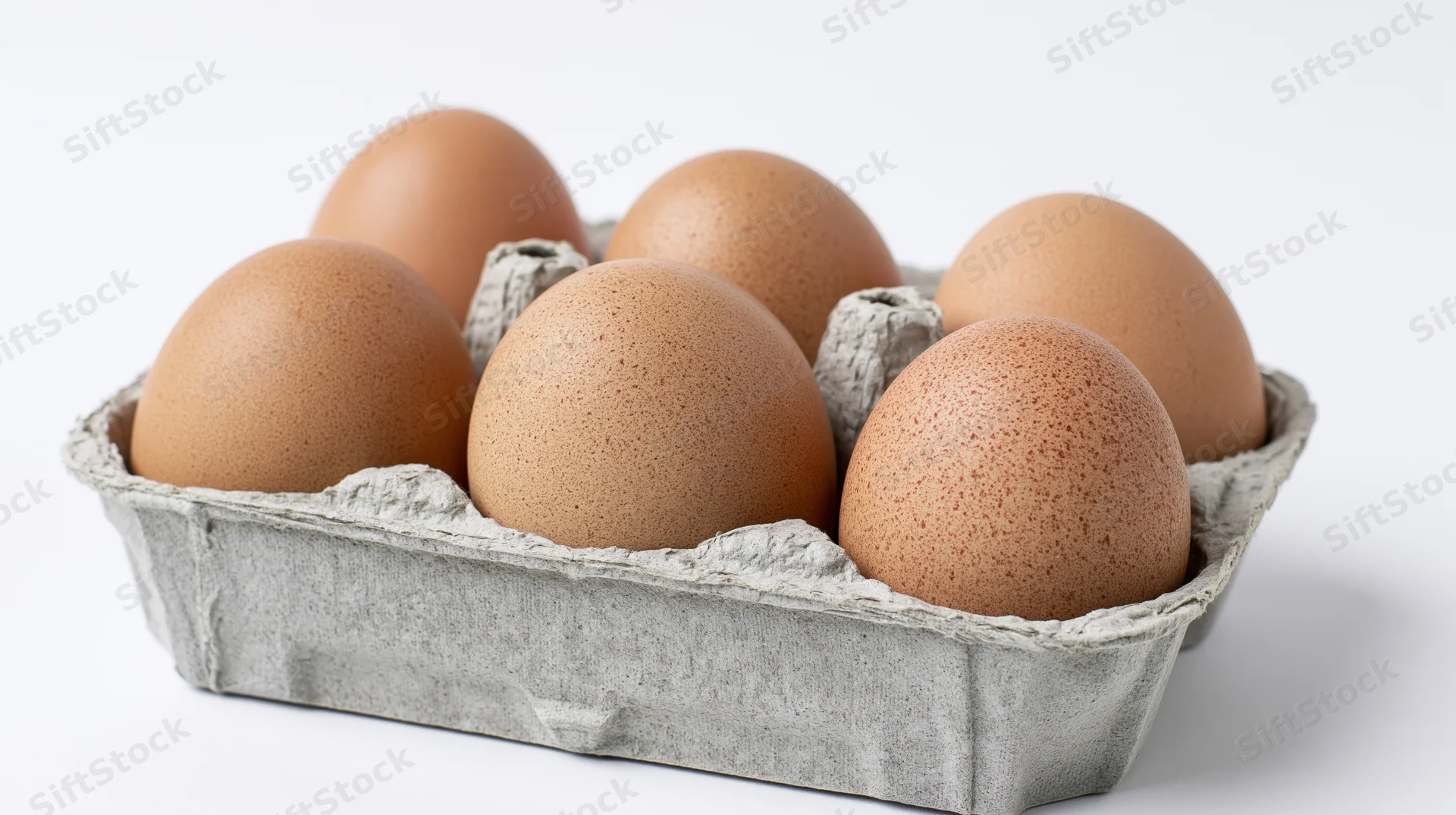 Six brown chicken eggs in an open grey cardboard carton on white background