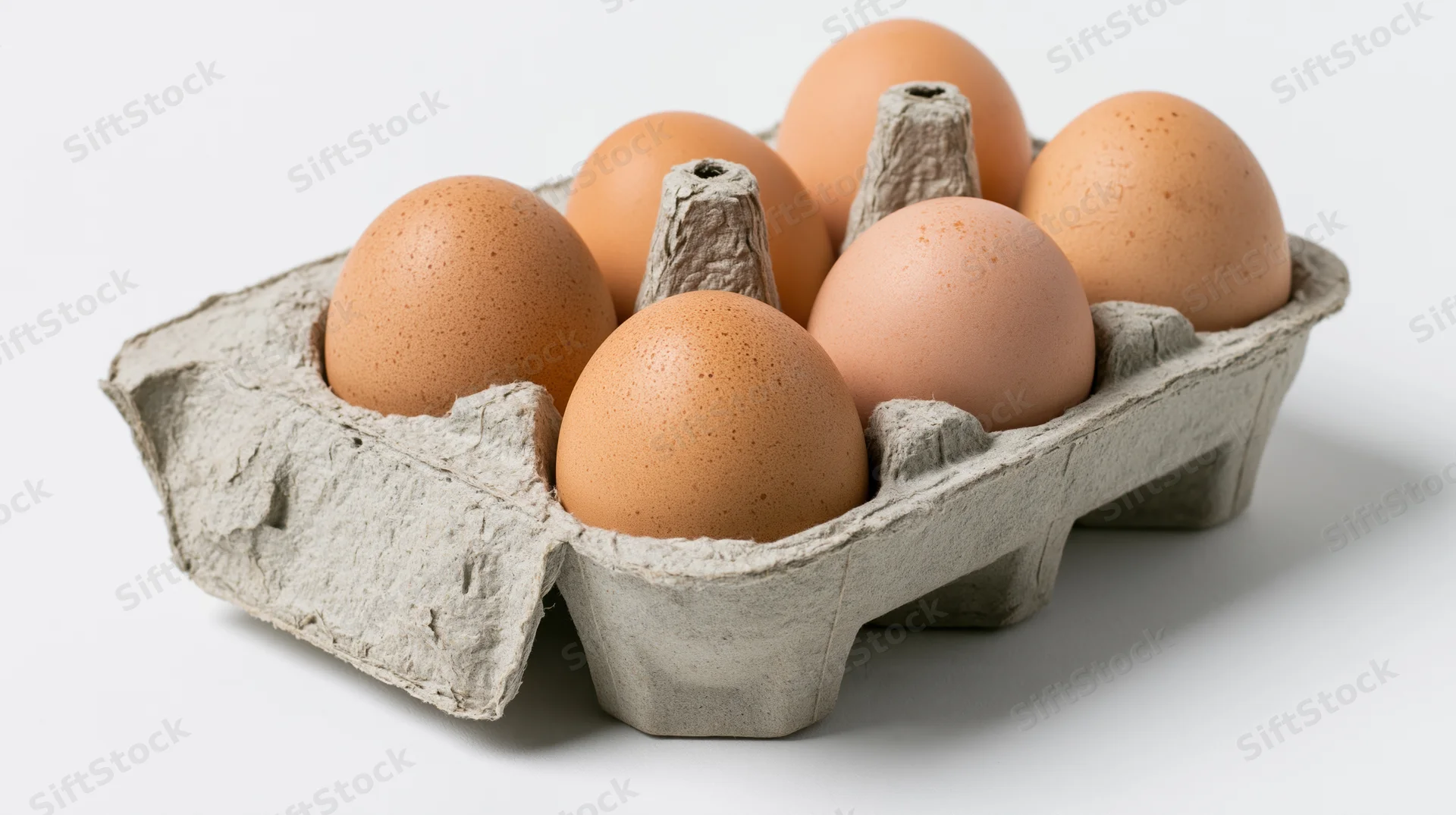Six brown chicken eggs in an open grey cardboard carton on a white surface