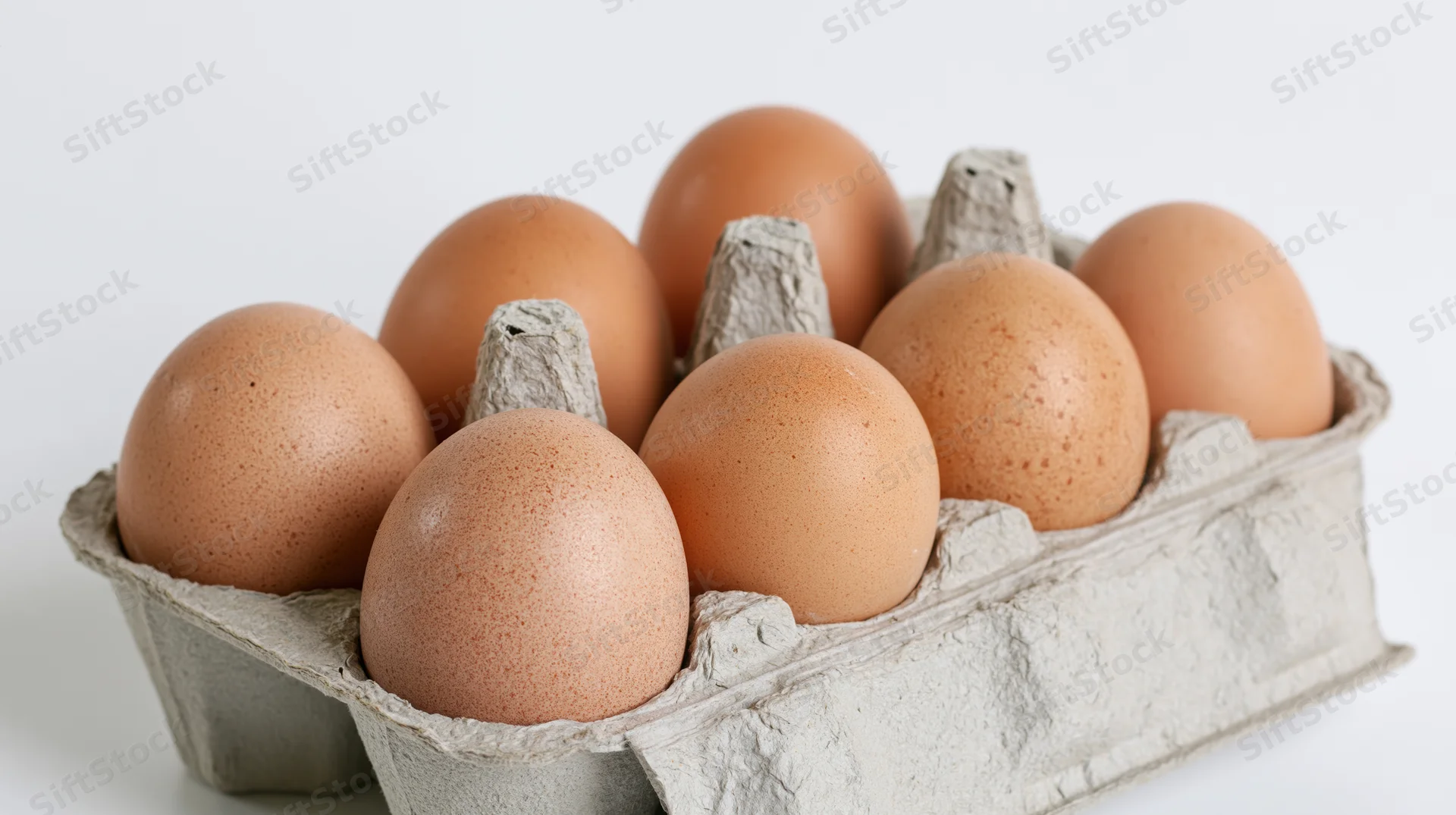 Six brown chicken eggs in an open cardboard carton on white background