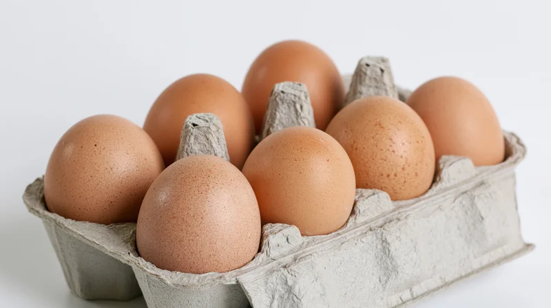 Six brown chicken eggs in an open cardboard carton on white background