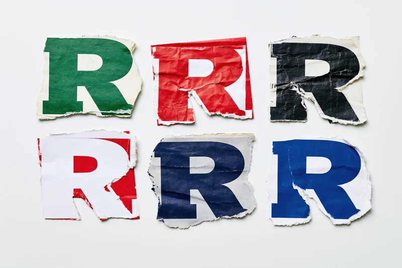 Six torn paper fragments each showing the letter r in different colors arranged in a grid on a white background