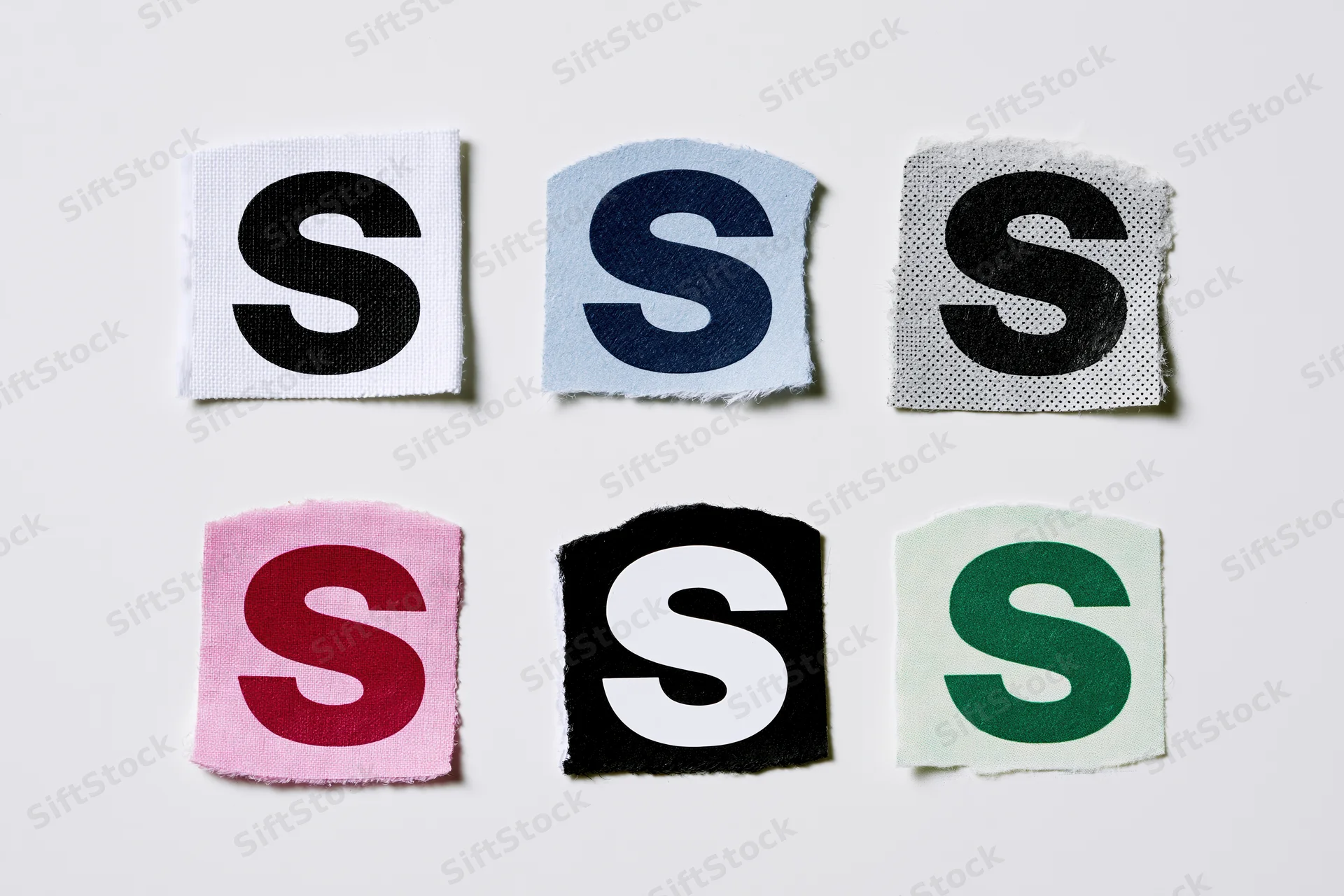 Six cut-out letter s clippings arranged in a two-by-three grid on white background